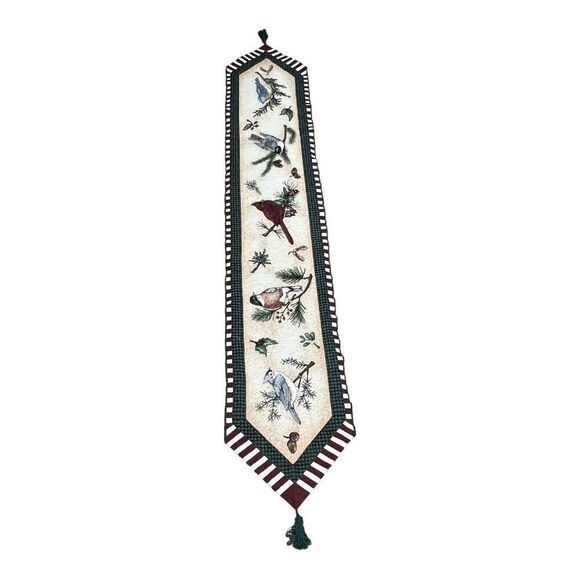 Vintage  Botanical Red Cardinal  Blue Bird Branch Table Runner Tassels 72" 6ft - Picture 1 of 5